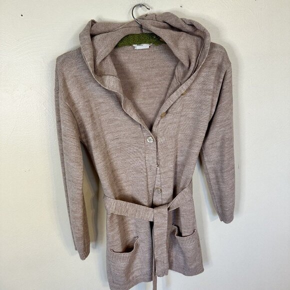 Vtg Womens Cardigan Tan Knit Button Front Waist Tie Small Pockets Retro 70s - Picture 2 of 10